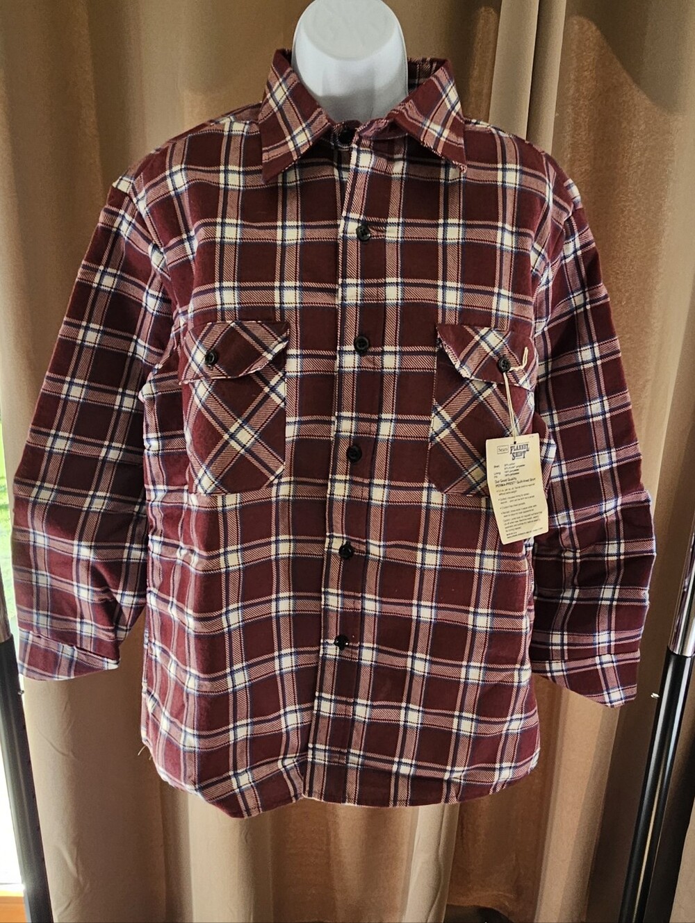 NWT VTG 70s Sears Perma-Prest Quilted Flannel Shirt Jacket Burgundy Plaid Mens L